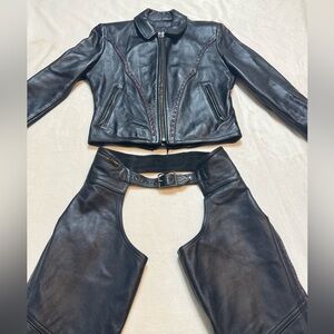 Black Leather Jacket and Chaps Set
